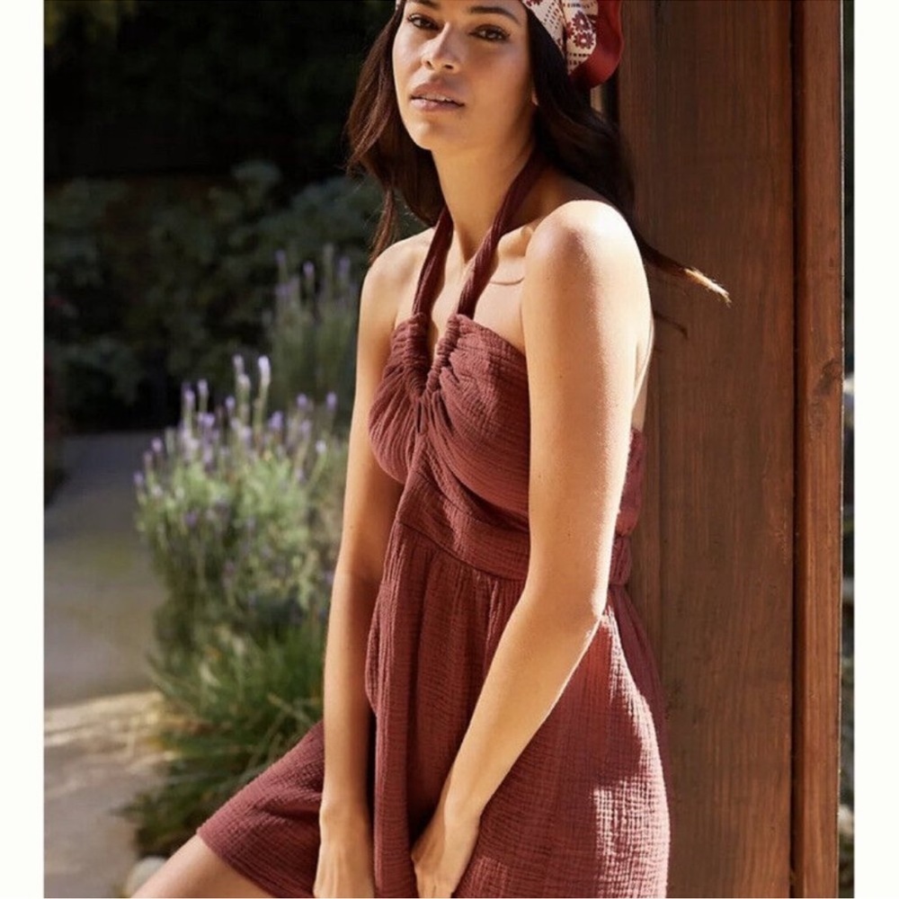 Anthropologie Rust Ruched Tie Front Sundress